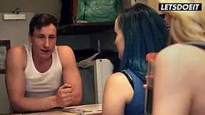 😍 Blonde teen babe Missy Luv rides big cock deep in horny hostel pussy pounding 👅