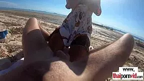 petite thai teen cherry rides big white cock pov on sunny beach as skinny amateur gets outdoor pounding