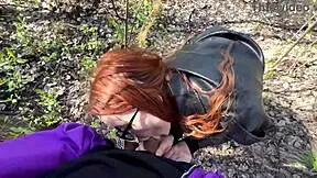 skinny redhead cutie drops to knees for monster cock deepthroat in forest public dirtiness