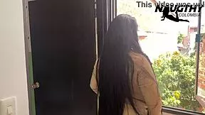 beautiful latina brunette masturbates seductively in hallway for first time