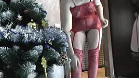 Mature lesbian milf and teen babe in lingerie kiss hairy pussy on christmas tree