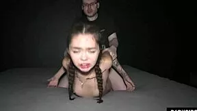 skinny asian college girl dripping cum after rough gangbang by three monster cocks