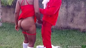 Santa bends over young ebony mistress for doggystyle at wild Christmas party