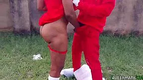 Santa bends over young ebony mistress for doggystyle at wild Christmas party