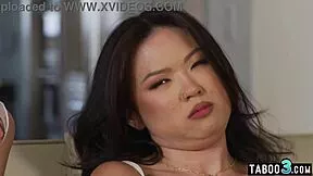 Petite Asian Lulu Chu loses truth or dare, sucks Latina shemale cock deep