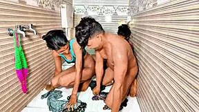 Brunette milf maid joins husband and wife for wet threesome with anal and blowjobs