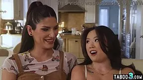 Petite Asian Lulu Chu loses truth or dare, sucks Latina shemale cock deep