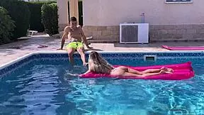 blonde milf neighbour bends over pool edge for juicy pussy pounding