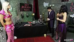 What if two huge-titted blondes in vampire cosplay suck and ride an old guy's monster cock in ffm threesome?