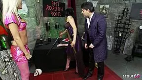 What if two huge-titted blondes in vampire cosplay suck and ride an old guy's monster cock in ffm threesome?