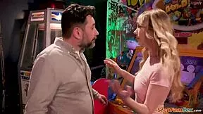 Petite Teen Deepthroats Stepdad Cock at Arcade Choking Gagging