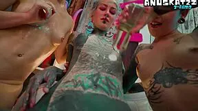 Oiled Tattooed Lesbians Share Anal Toys Doggystyle!