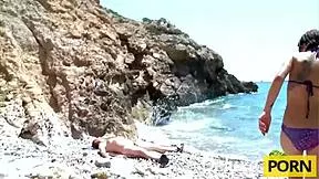 hey check out this hot young spanish teen babe getting fucked hard by older guy on beach doggystyle big ass shaved pussy boobs sucking cock