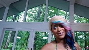 slim ebony redhead with huge fake ass seduces stranger for first-time big black cock pounding on casting