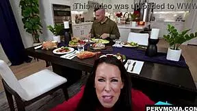 Stepson Austin receives oral attention from stepmom Shay while spotting stepsister Reagan Foxx nearby under the table