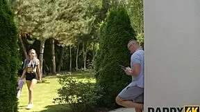 Suggestive yoga poses hide teen's craving for mature man's throbbing monster cock inside.