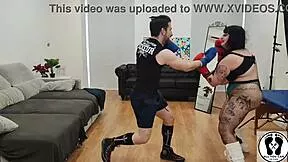 hot chubby trainer's big tits bounce during intense boxing session