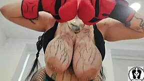 hot chubby trainer's big tits bounce during intense boxing session