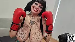 hot chubby trainer's big tits bounce during intense boxing session