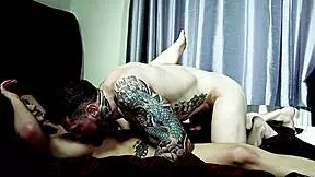 Slim black emo girl with blue eyes and tattoos gets fucked doggystyle backstage by stranger