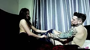 Slim black emo girl with blue eyes and tattoos gets fucked doggystyle backstage by stranger