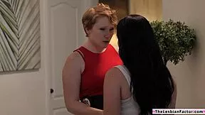 college babe with shaved pussy gets licked by big tits lesbian milf officer at work