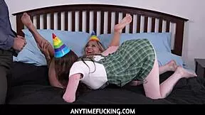 Step sisters enjoy freeuse threesome with stepdad on birthday