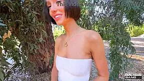 TIGHT TEEN CHRISTINA SAGE FLASHES TITS PUSSY THEN GETS POUNDED HARD OUTDOORS ON COUCH!