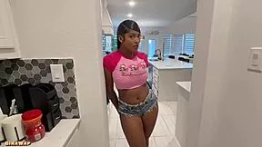 Petite ebony babysitter licks big tits ass to make you cum hard