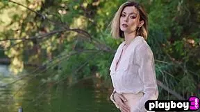 wet teen model anna lisa strips lingerie outdoors flashing perfect big tits