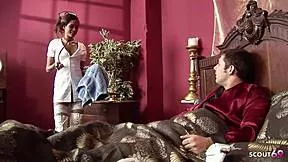 Hey slim tanned nurse with small tits seduces her boss for a wild hospital hookup