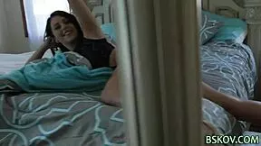 tiny teen babe strokes her smooth pussy in heels