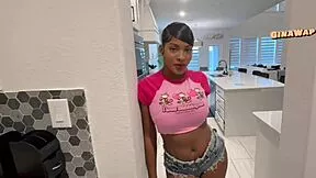 Petite ebony babysitter licks big tits ass to make you cum hard