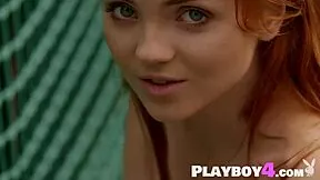 Petite Redhead Kate's Small Tits Tease Lingerie Poses on Bridge