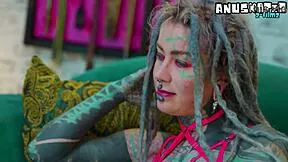 heavily tattooed goth rides anal toys in lingerie