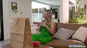 Petite blonde milf fists brunette's shaved pussy in lesbian play