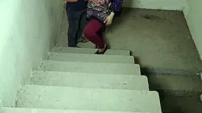 Stepbrother gets intimate with big stepsister up the stairs