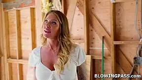 busty milf in lingerie rewards handyman with deep gagging blowjob and face fuck