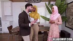stepdad fucks hijab teen while stepmom holds her tight for deepthroat.
