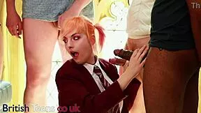 hot college babe takes on first blowbang with huge loads 😍💦