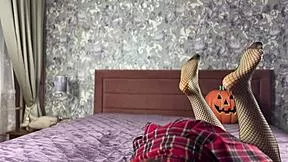 Redhead goth succubus cosplay teases pierced nipples on halloween call