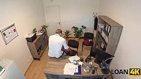 big titted redhead teen flashes her naturals and fucks hard for office loan!