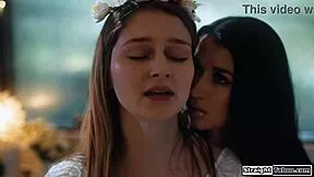 Lesbian stepsis licks hairy pussy and munches bride's big tits in taboo 69