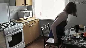 Isn't This Sexy Brunette's Morning Ass in Lingerie Stockings Irresistible While She Prepares Coffee in Kitchen?
