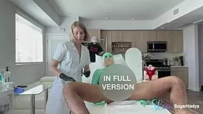 nurse grabs pornstar patient's monster cock in latex gloves for cfnm handjob drain