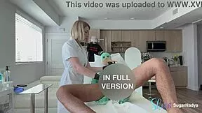 nurse grabs pornstar patient's monster cock in latex gloves for cfnm handjob drain