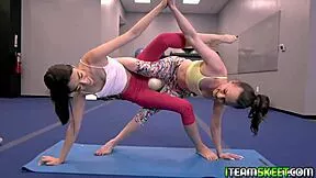 these sweaty lesbians get even hotter showering before ass licking and pussy tribbing gym style