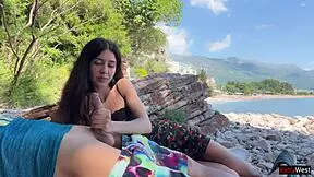 skinny brunette grabs stranger's cock on beach flashing publicly till he explodes cum