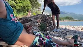 skinny brunette grabs stranger's cock on beach flashing publicly till he explodes cum