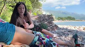 skinny brunette grabs stranger's cock on beach flashing publicly till he explodes cum